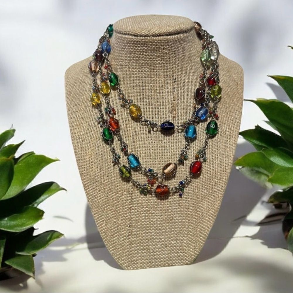 Vintage Handcrafted Bohemian Multi Color Artisan Glass 50” Necklace & Earrings
